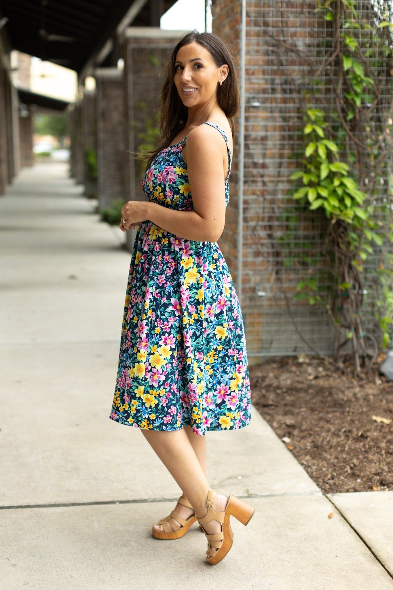 Cassidy Midi Dress - Navy and Yellow Floral