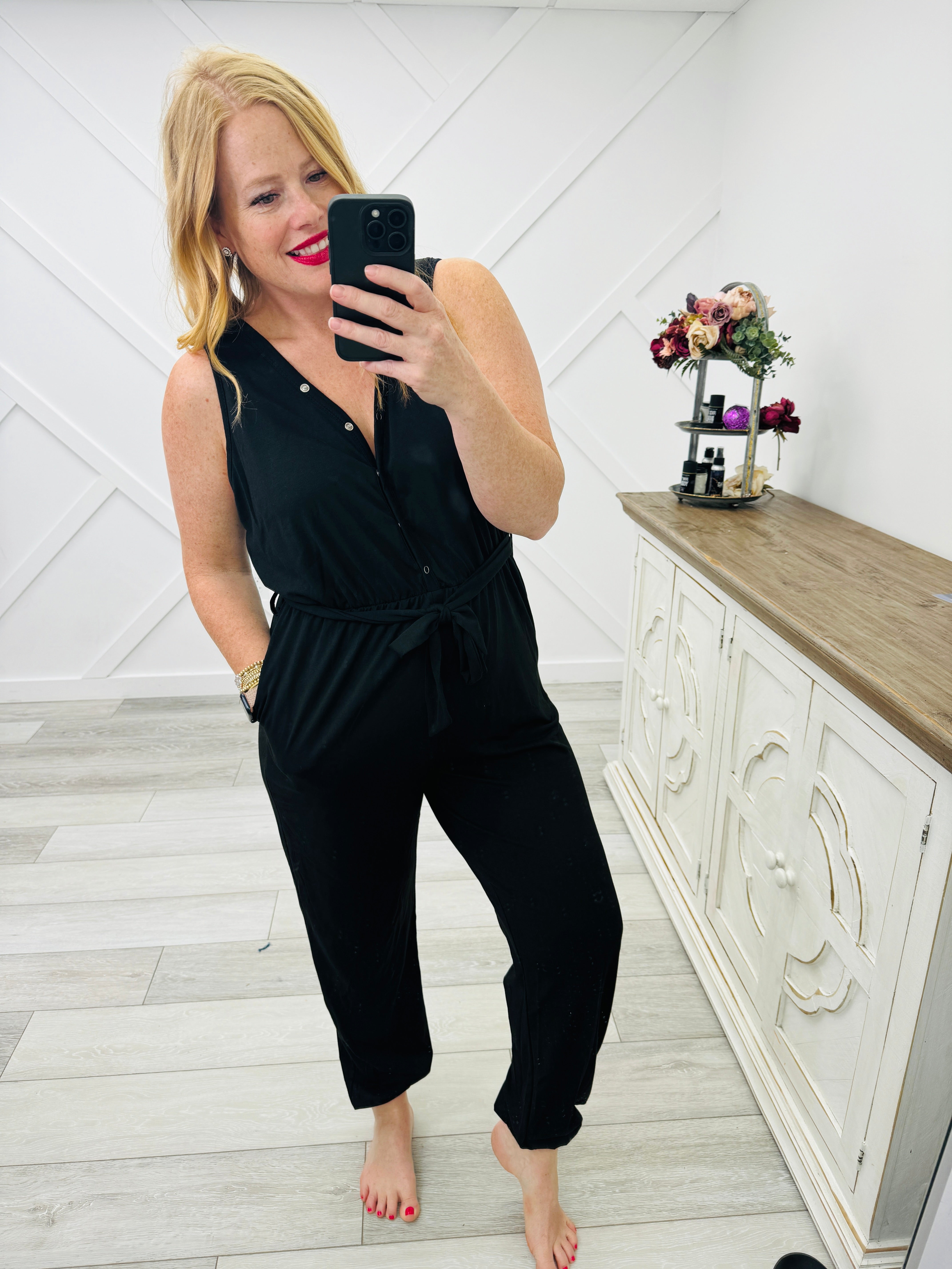 Down Bad Full Size Tie Waist Sleeveless Jumpsuit with Pockets