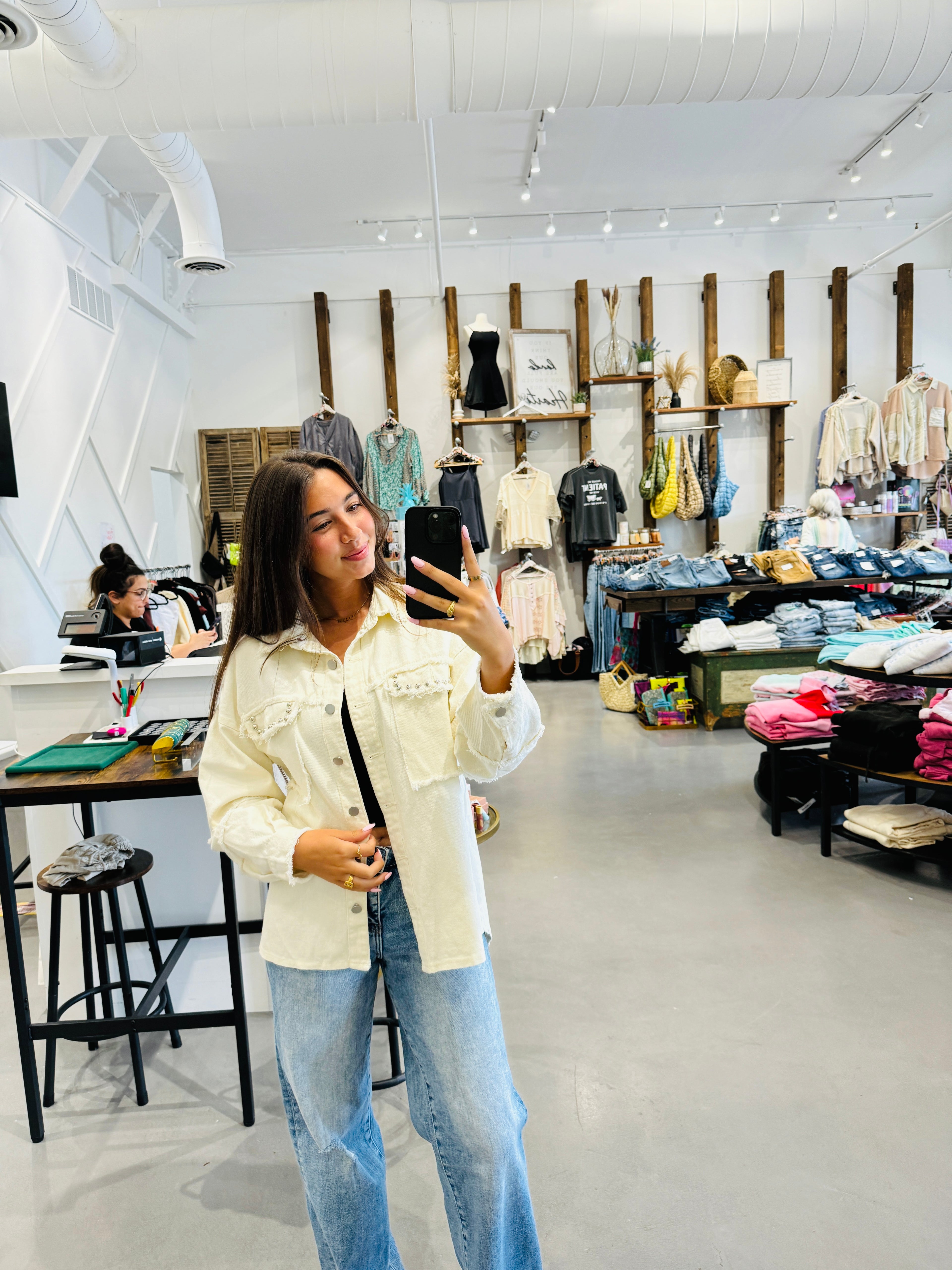 Button Down Raw Hem Denim Jacket