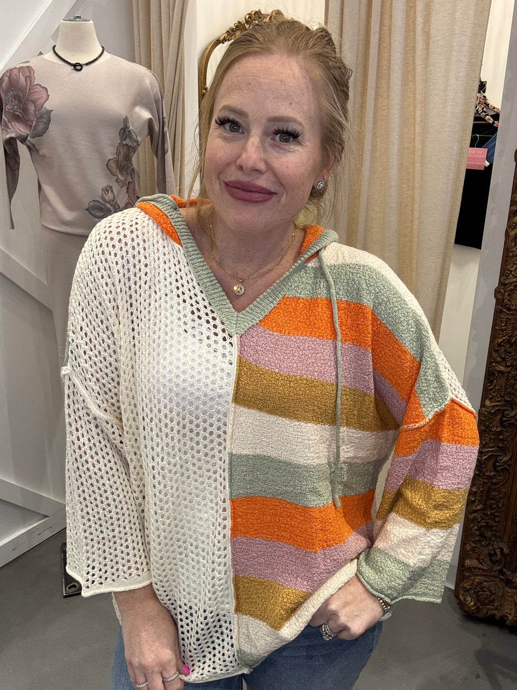 Openwork Color Block Hooded Sweater