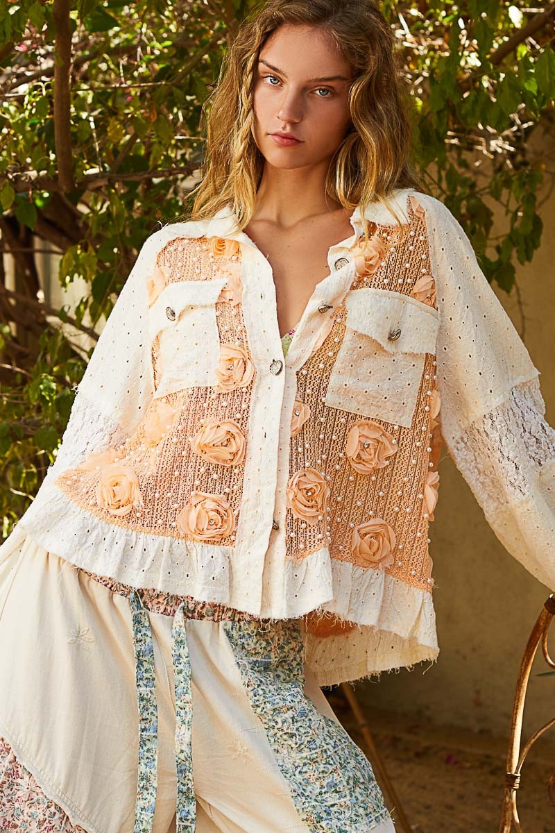 POL Eyelet Flower Pearl Detail Lace Patchwork Shirt