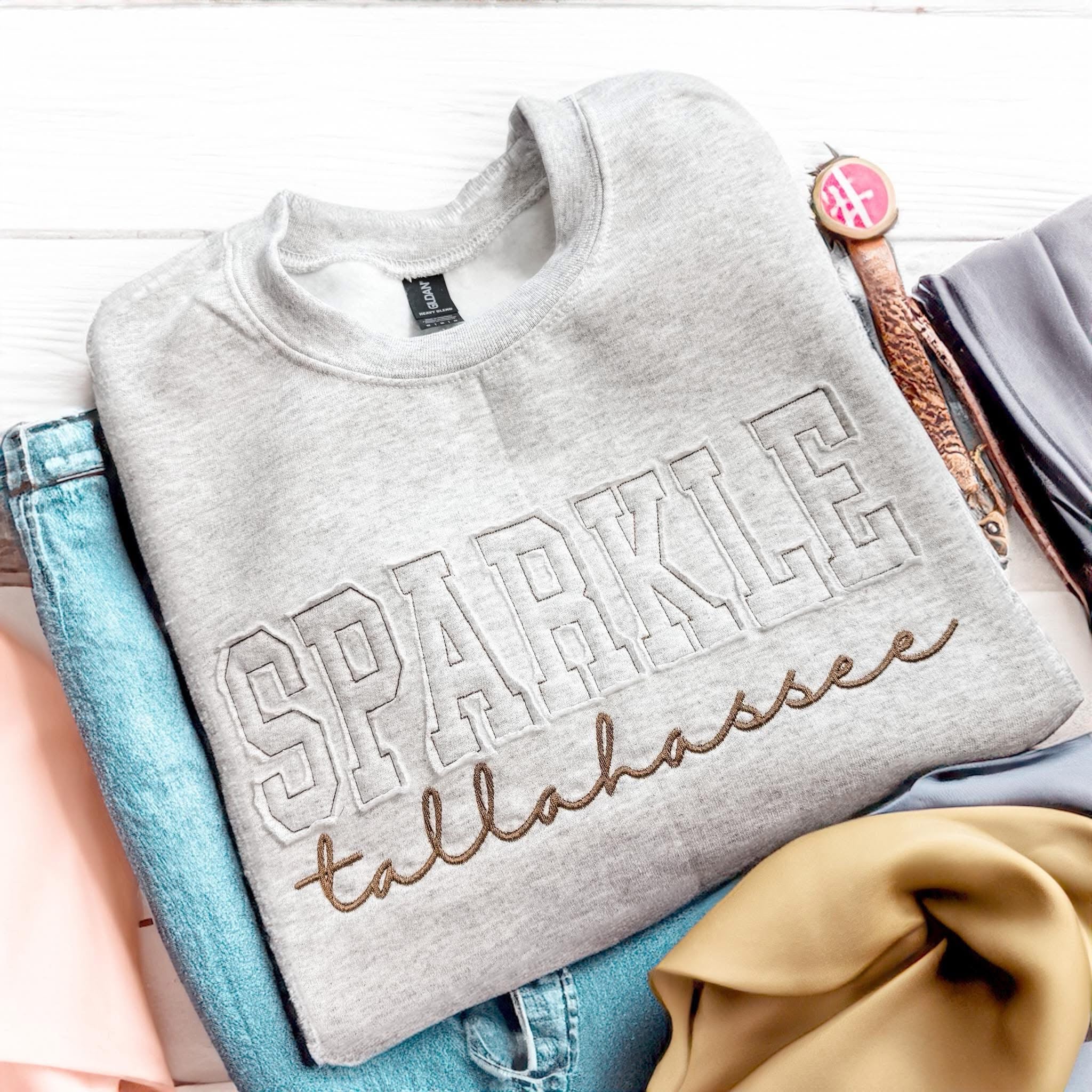 Custom Embroidery Applique with Underwritting Crewneckh