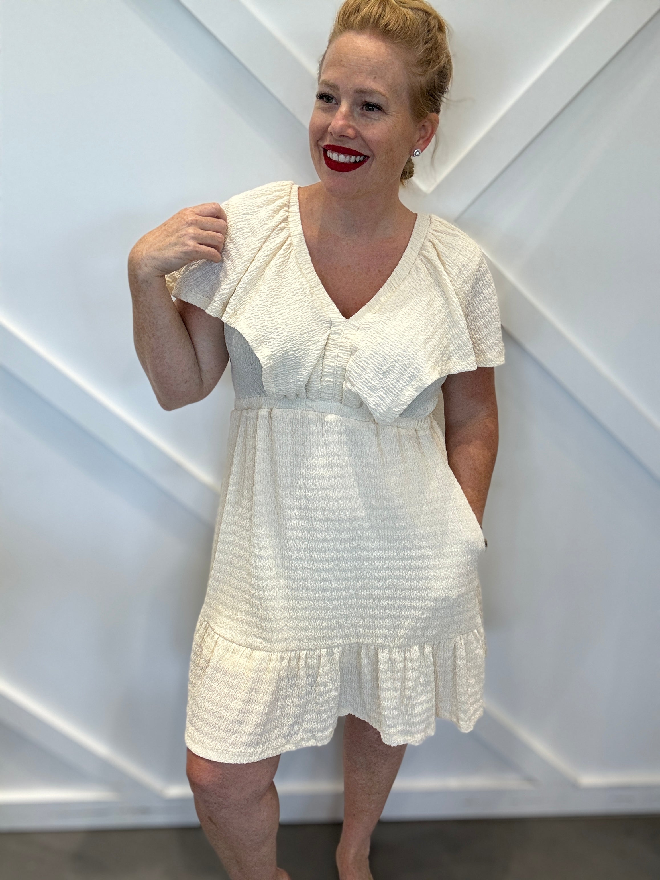 Tied V-Neck Short Sleeve Mini Dress