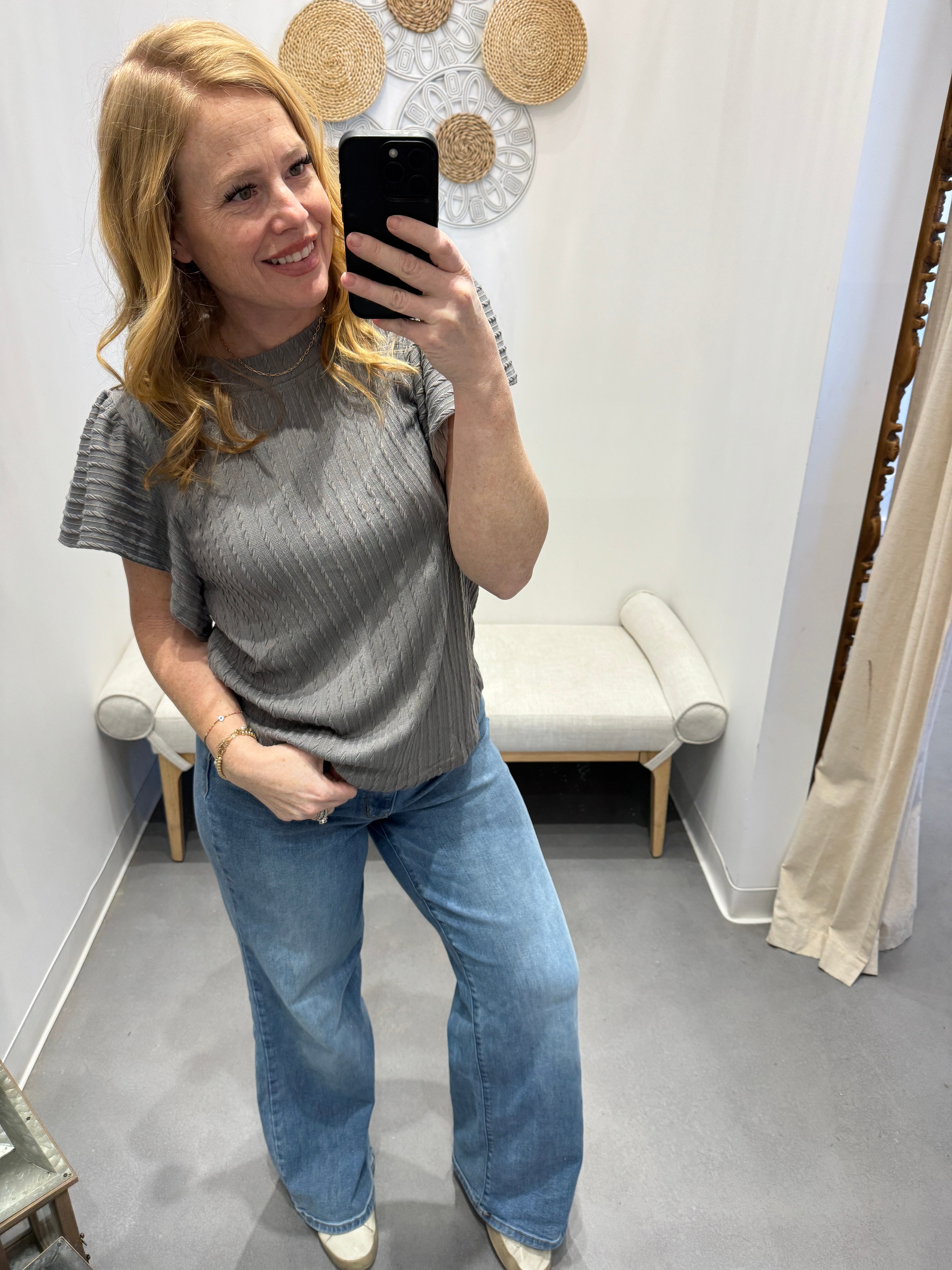 Shay Textured Round Neck Flounce Sleeve Blouse