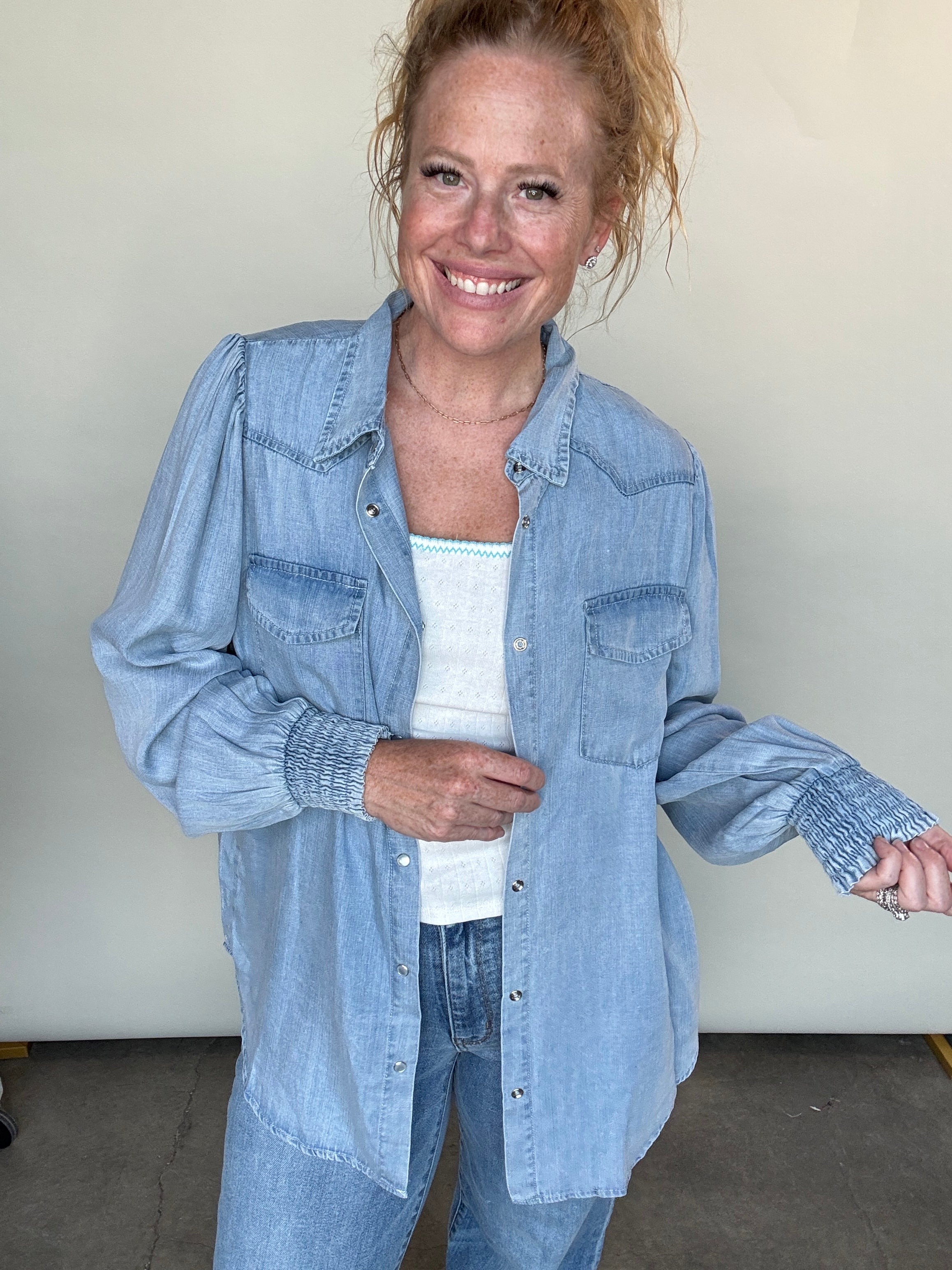 Chambray All Day Shacket by White Birch