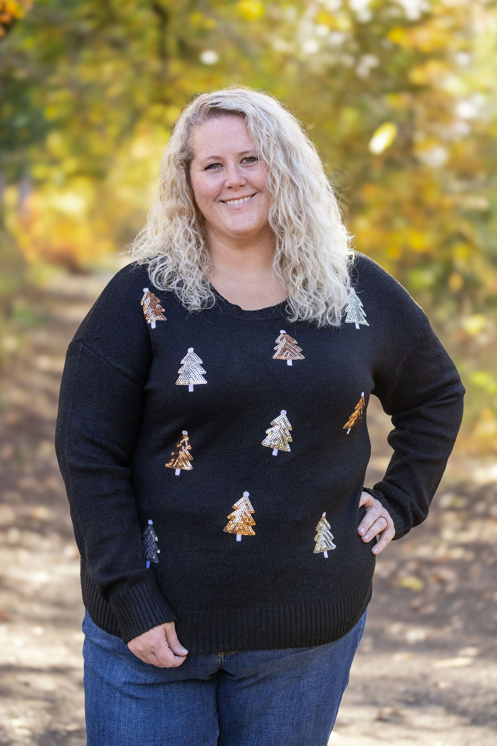 IN STOCK Holly Jolly Sweater - Gold + Silver Trees FINAL SALE