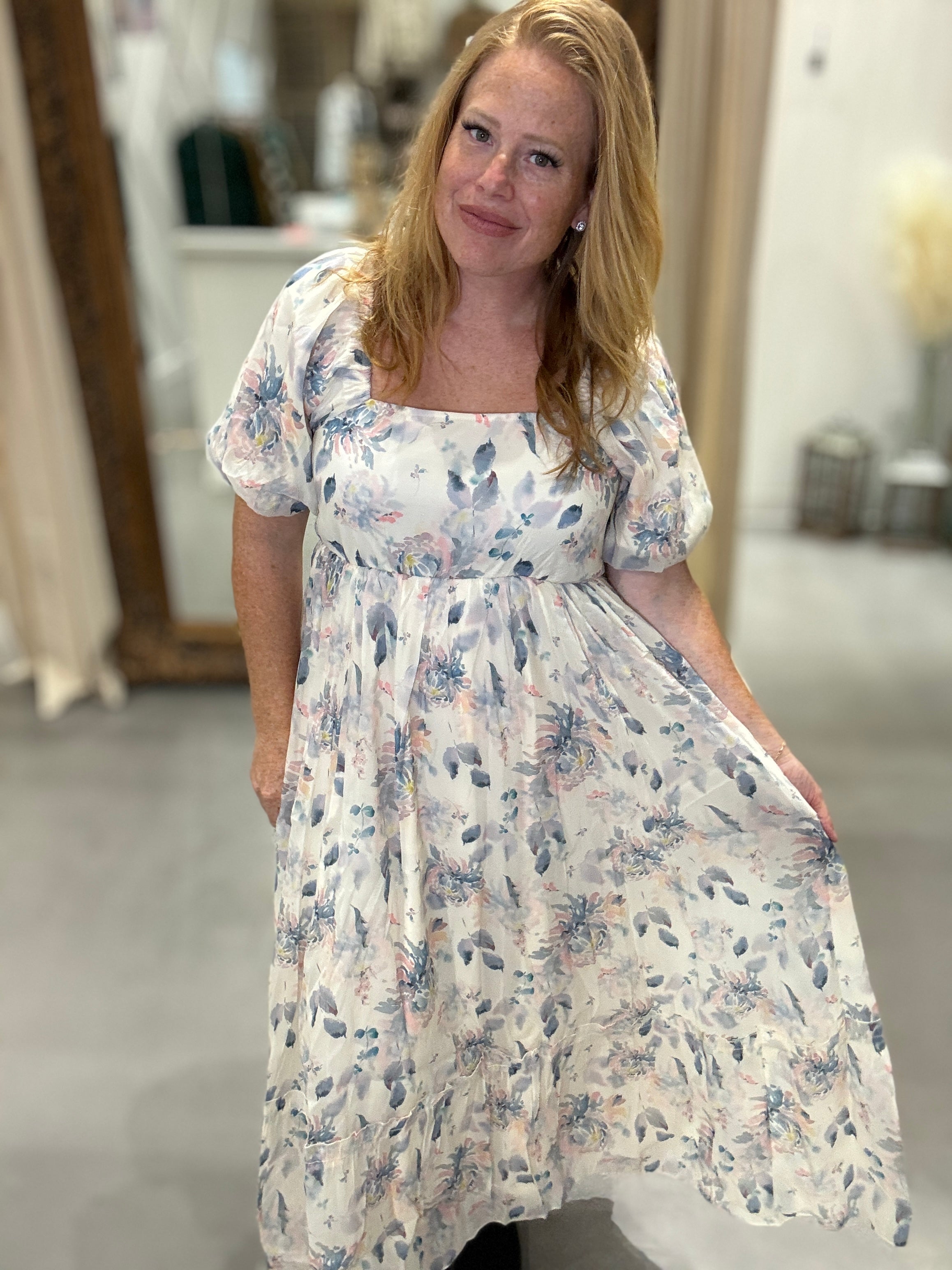 Gentle Yet Strong Balloon Sleeve Floral Dress