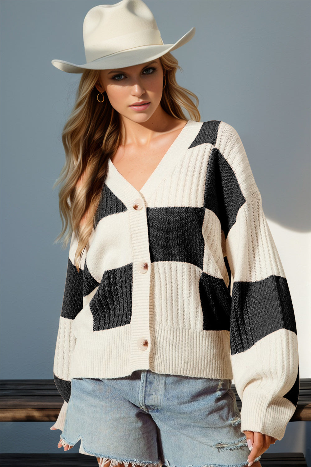 Double Take Full Size Checkered Dropped Shoulder Cardigan in 2 Colors