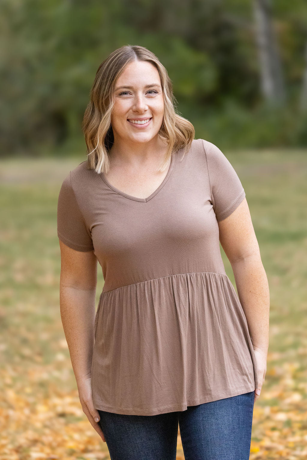 IN STOCK Sarah Ruffle Short Sleeve - Mocha FINAL SALE