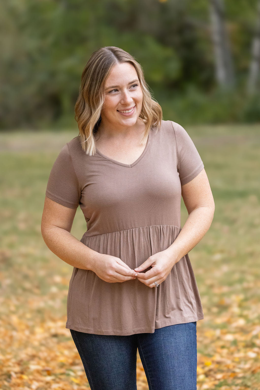 IN STOCK Sarah Ruffle Short Sleeve - Mocha FINAL SALE