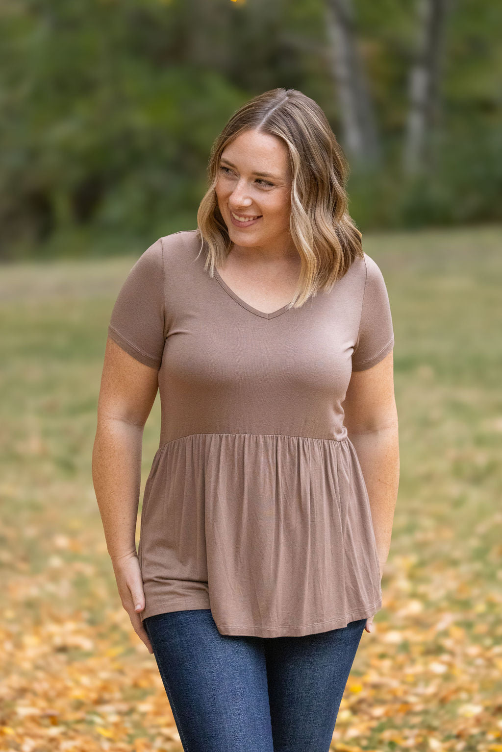 IN STOCK Sarah Ruffle Short Sleeve - Mocha FINAL SALE