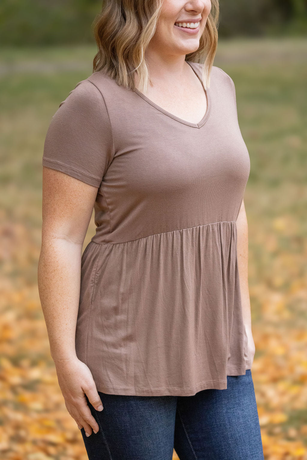 IN STOCK Sarah Ruffle Short Sleeve - Mocha FINAL SALE