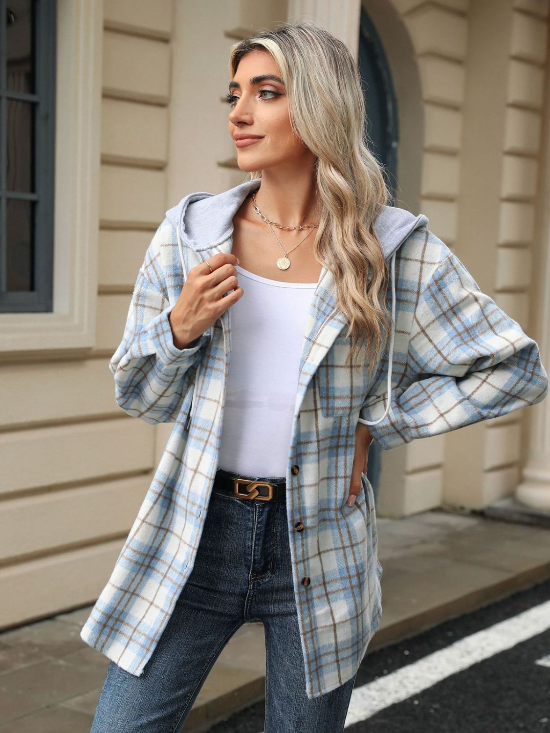 Drawstring Plaid Button Up Hooded Jacket