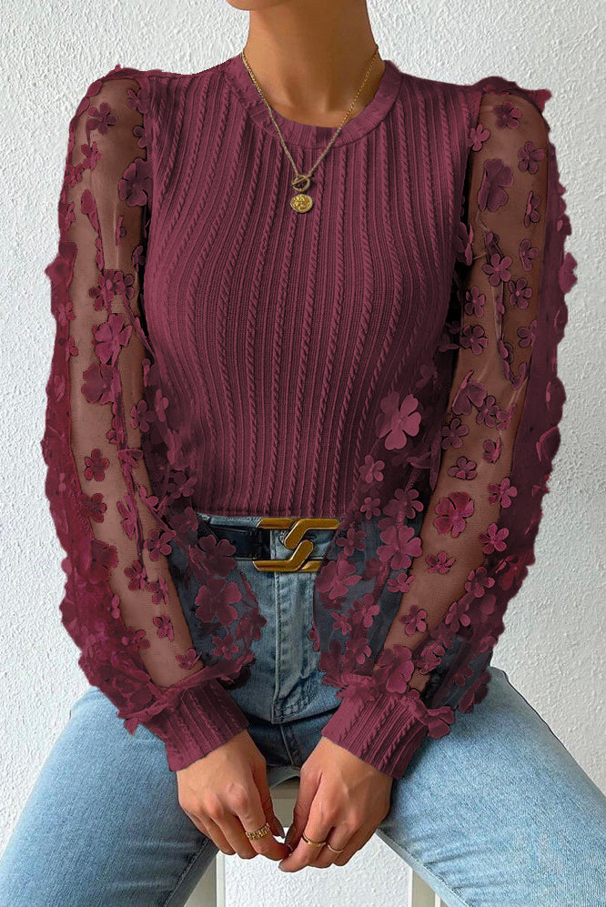 A Touch of Floral Textured Applique Long Sleeve Blouse