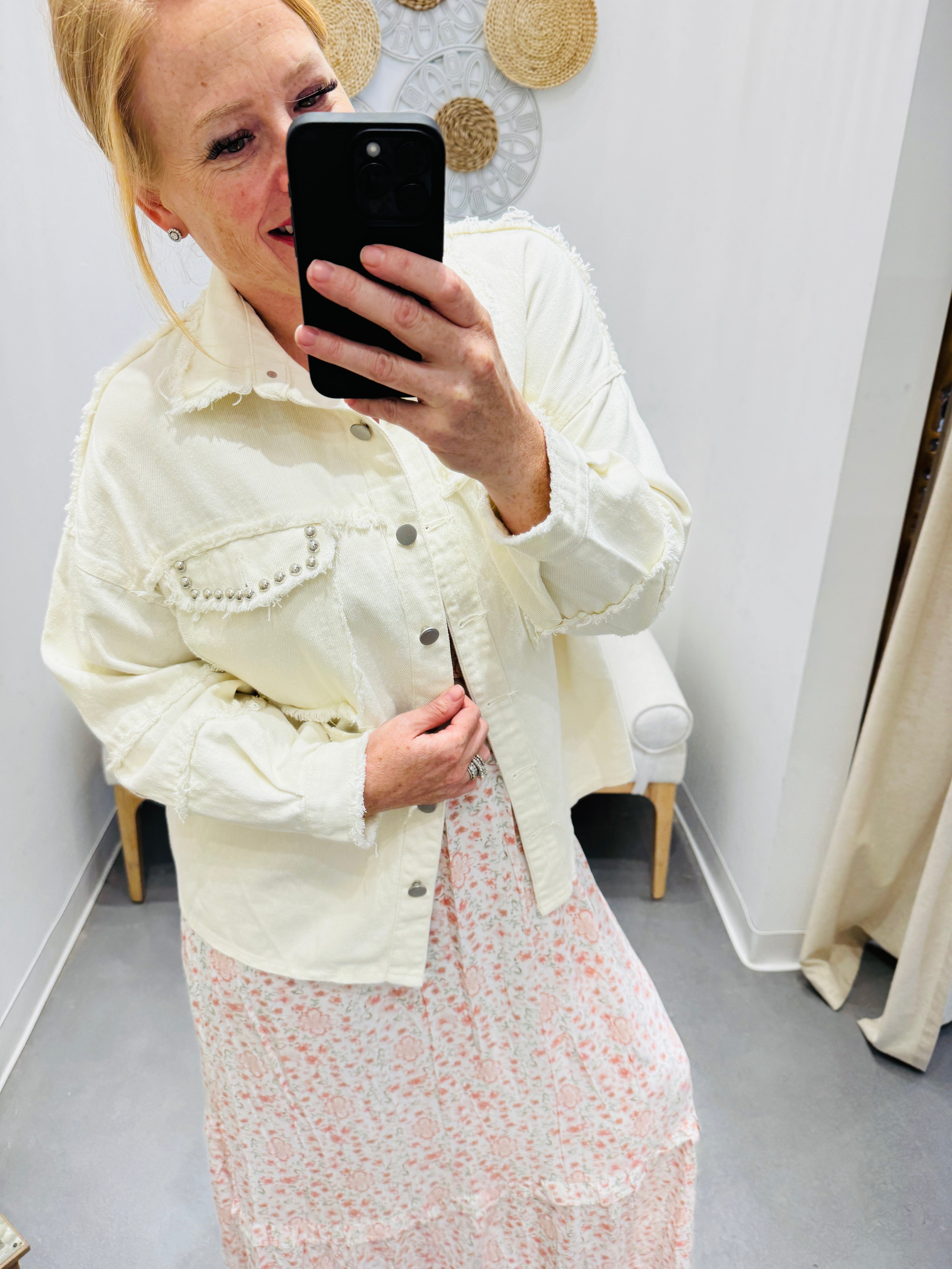 Button Down Raw Hem Denim Jacket