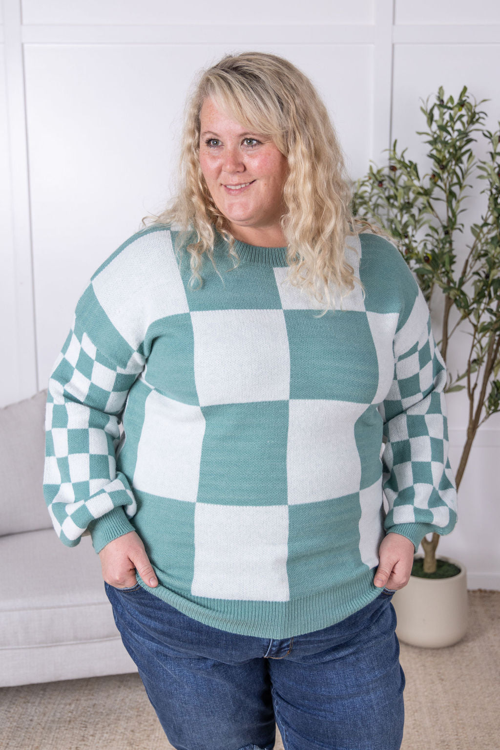 IN STOCK Checkered Pullover Sweater - Dusty Jade