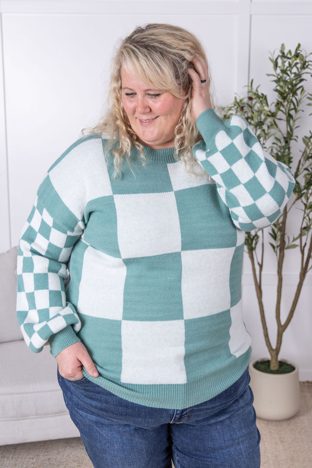 IN STOCK Checkered Pullover Sweater - Dusty Jade