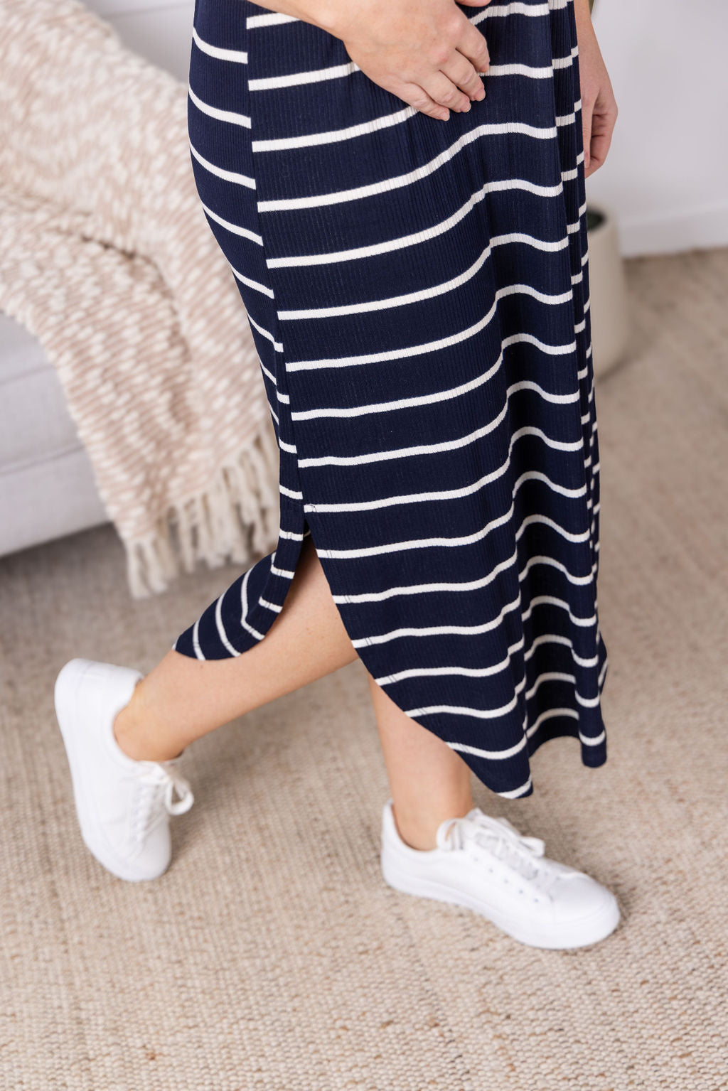 IN STOCK Reagan Ribbed Midi Dress - Midnight Navy Stripes FINAL SALE