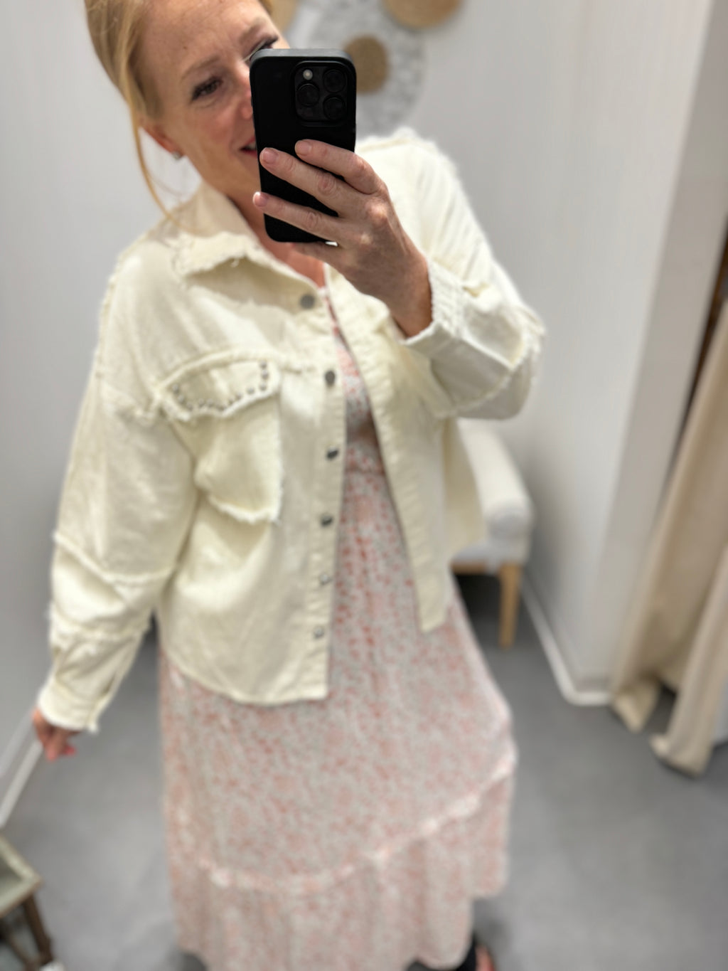 Button Down Raw Hem Denim Jacket