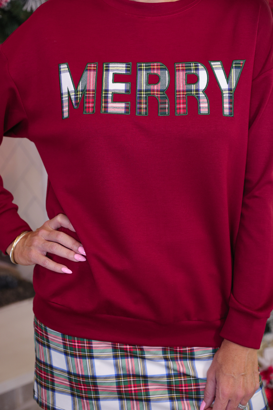 Merry Plaid Patch Luxe Pullover *Custom Cut*