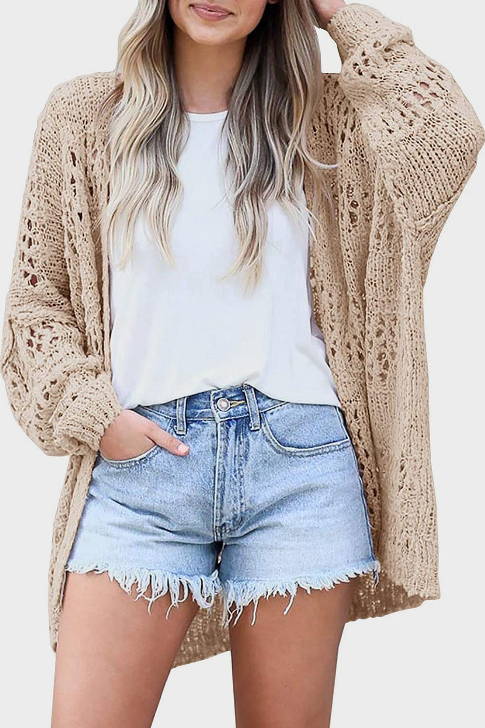 Openwork Open Front Long Sleeve Cardigan in 6 colors