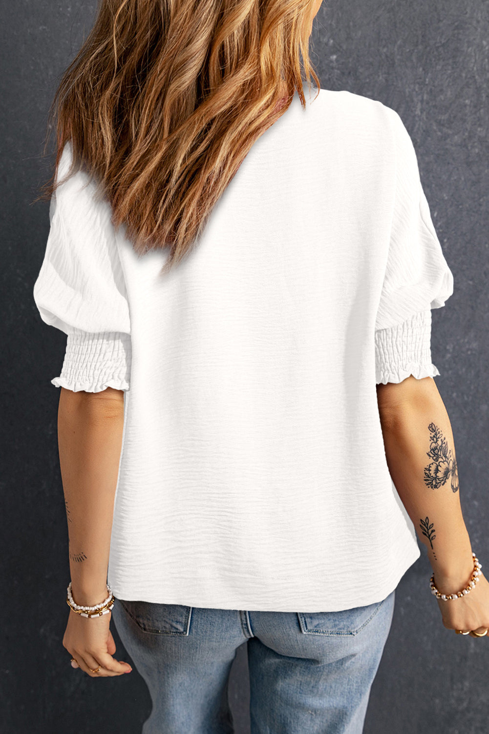 Smocked Johnny Collar Half Sleeve Blouse