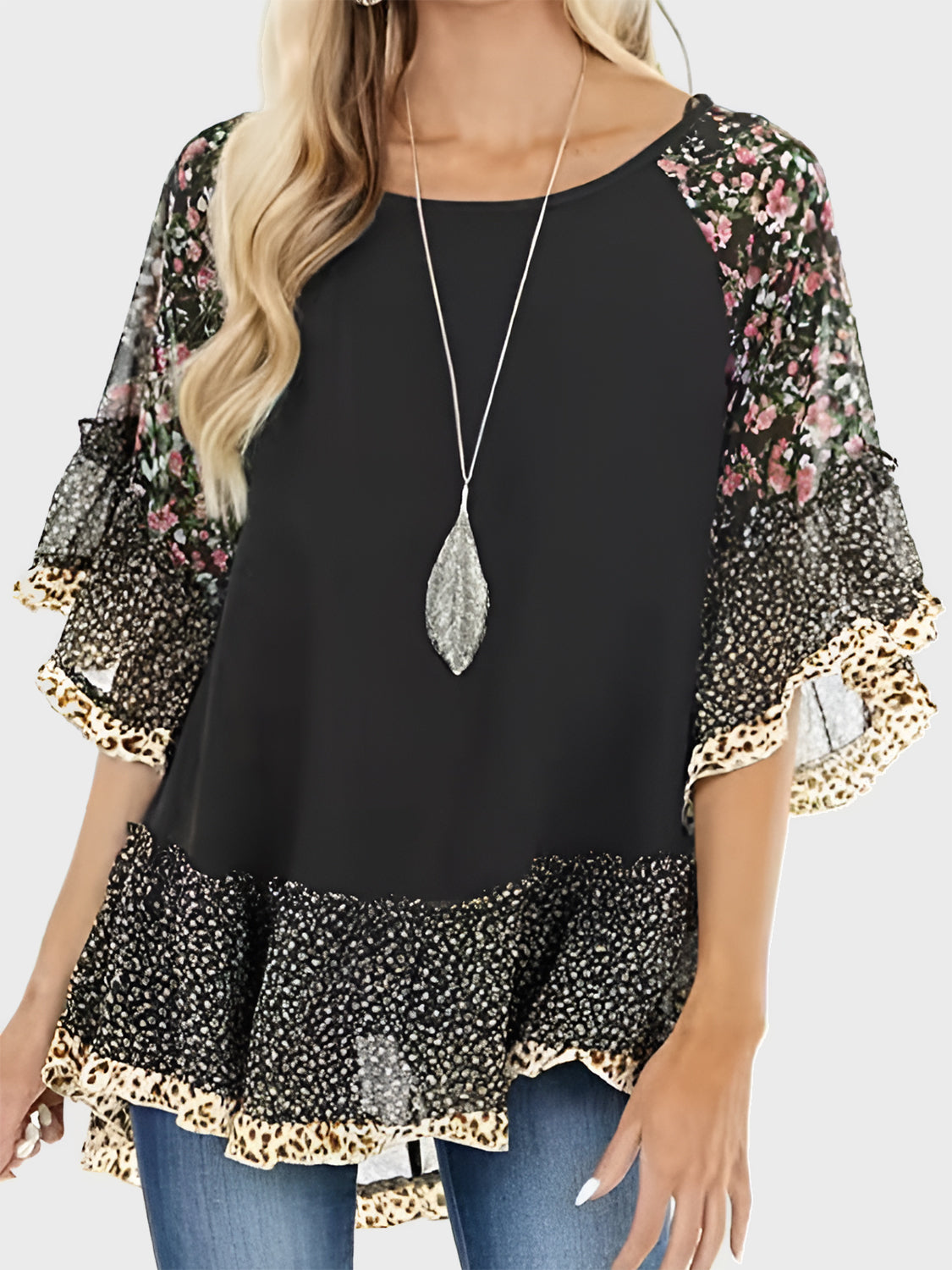 Full Size Frill Printed Round Neck Half Sleeve Blouse