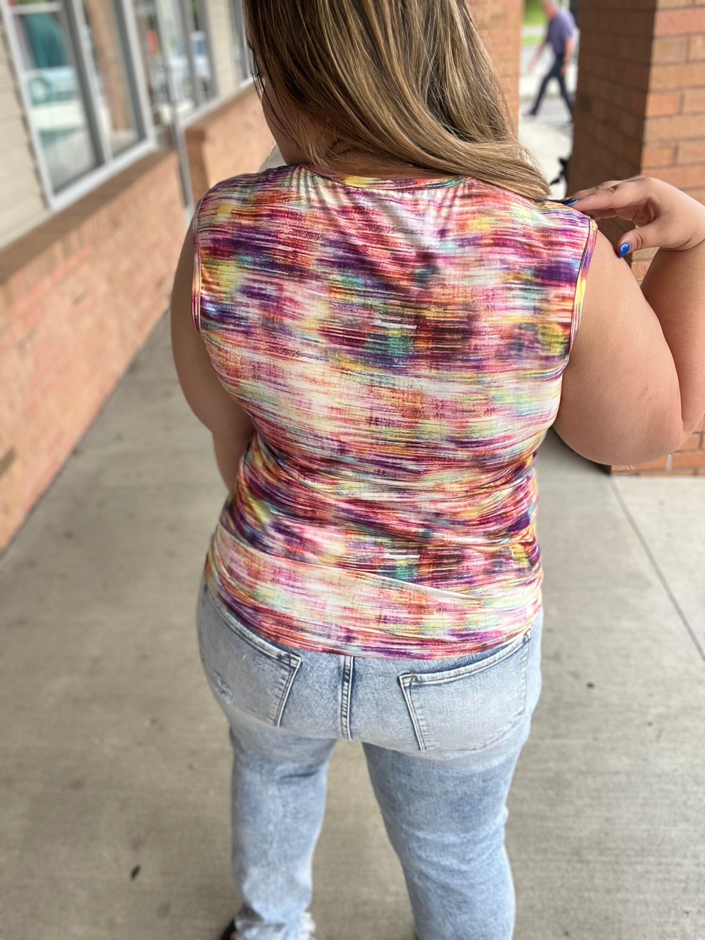 Printed Round Neck Cap Sleeve Top