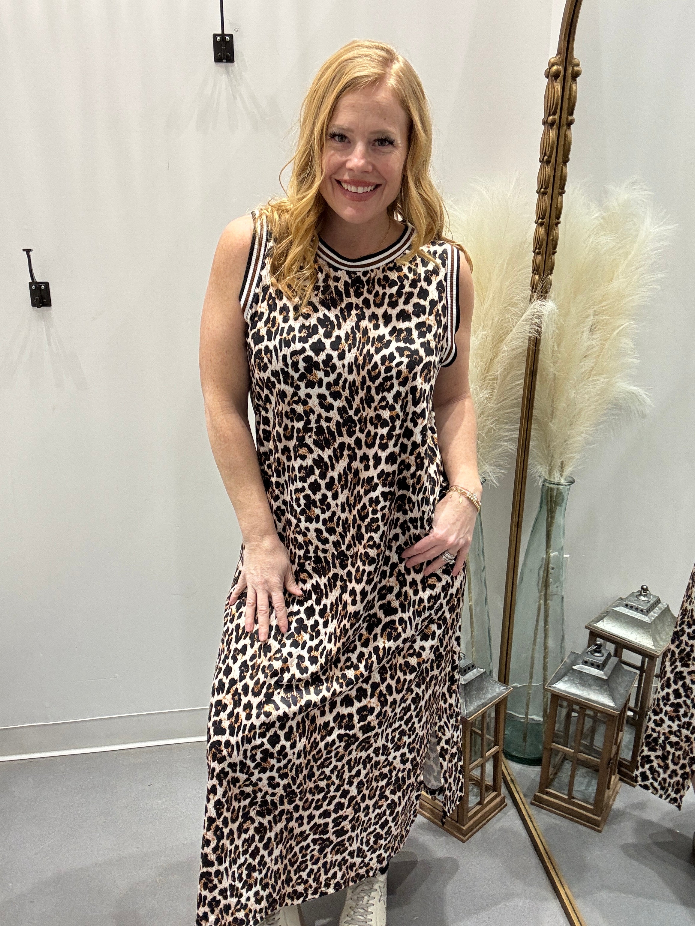 Jersey Girl Side Slit Leopard Sleeveless Maxi Dress