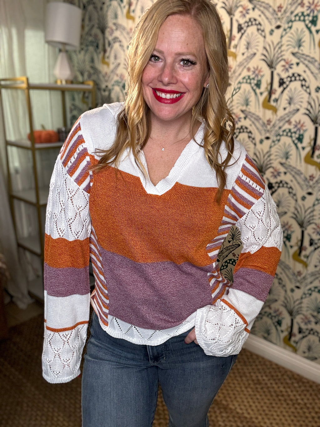 Openwork Contrast Long Sleeve Hooded Sweater