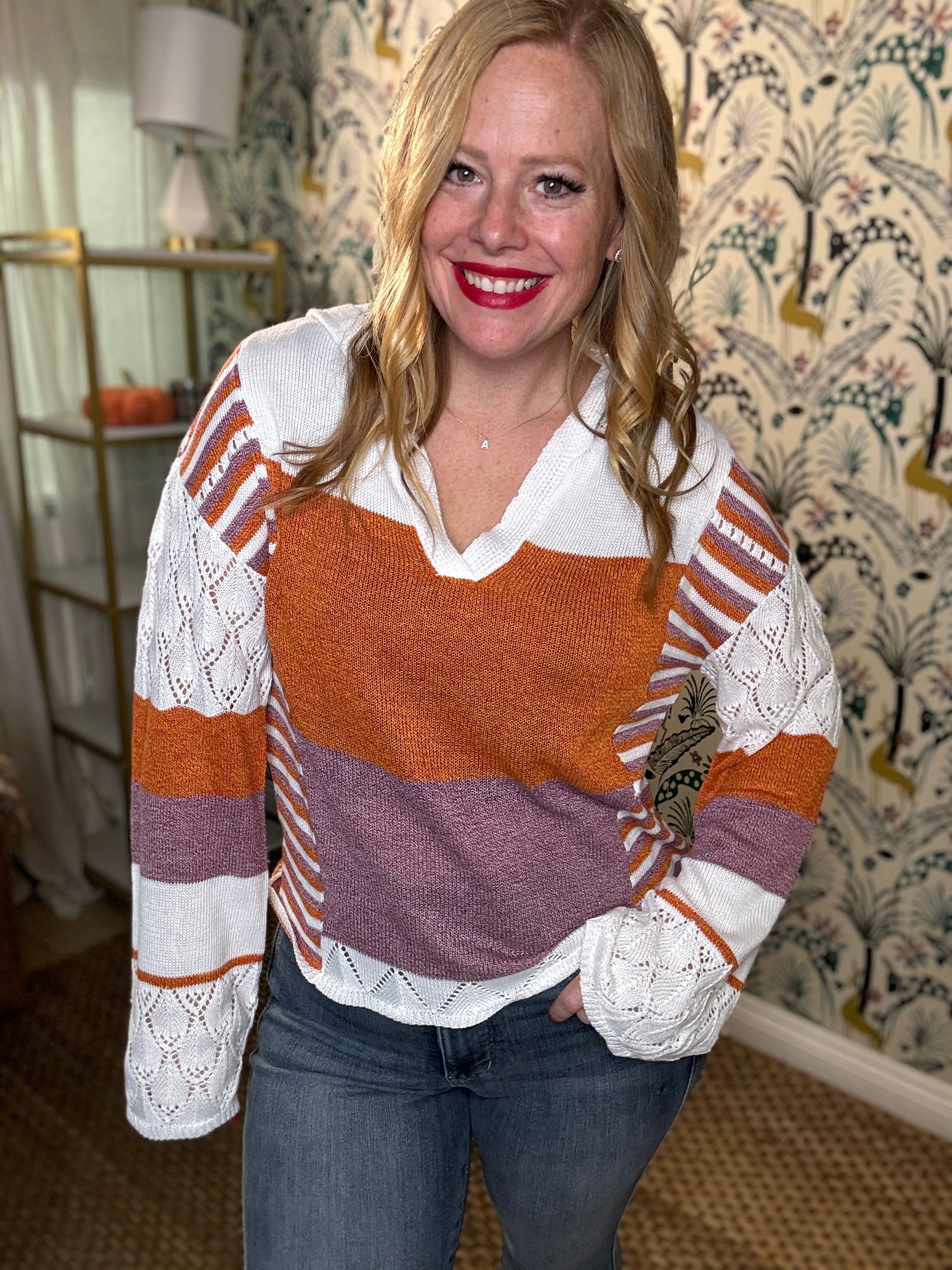 Openwork Contrast Long Sleeve Hooded Sweater