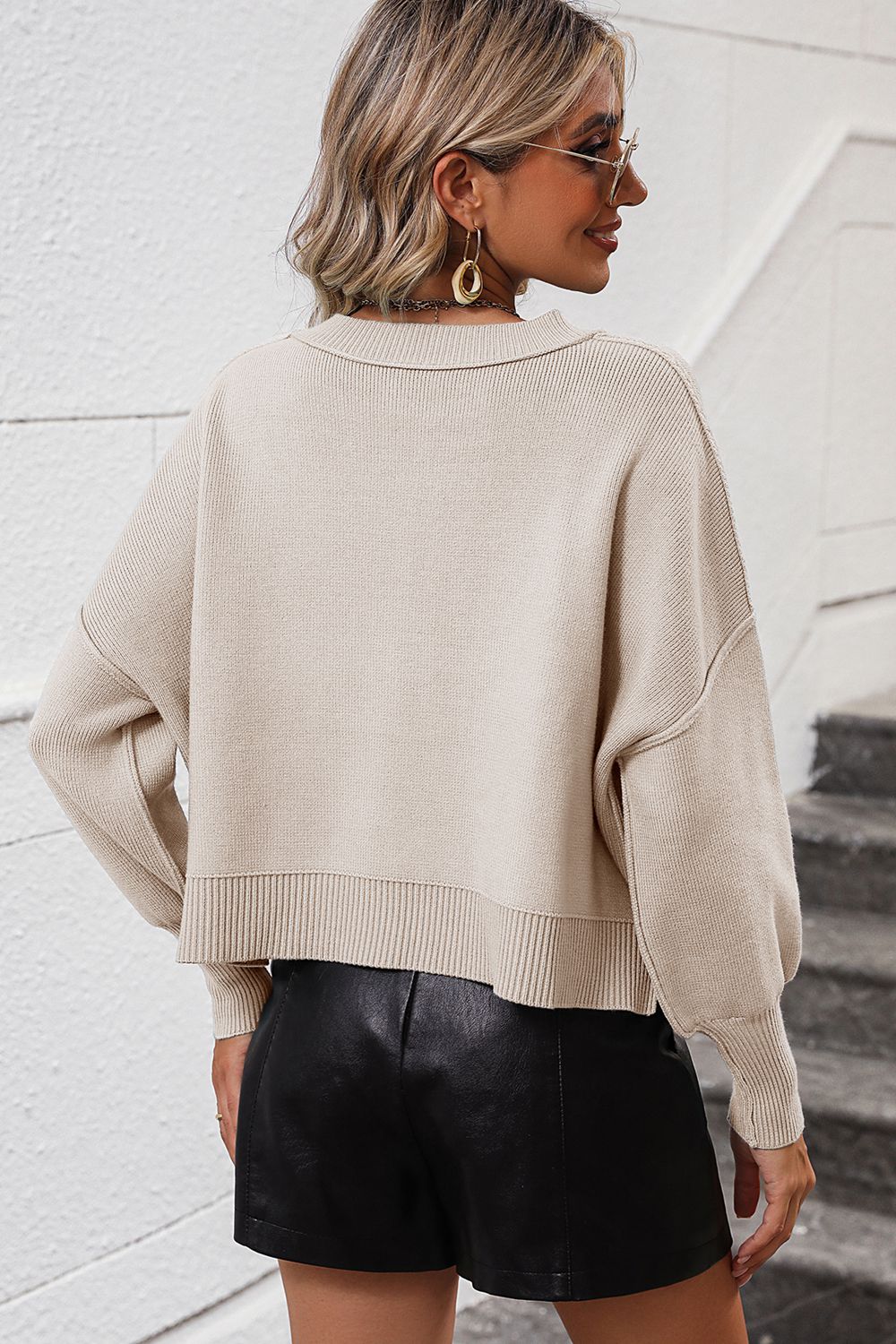 Fall Forward Round Neck Dropped Shoulder Pullover Sweater