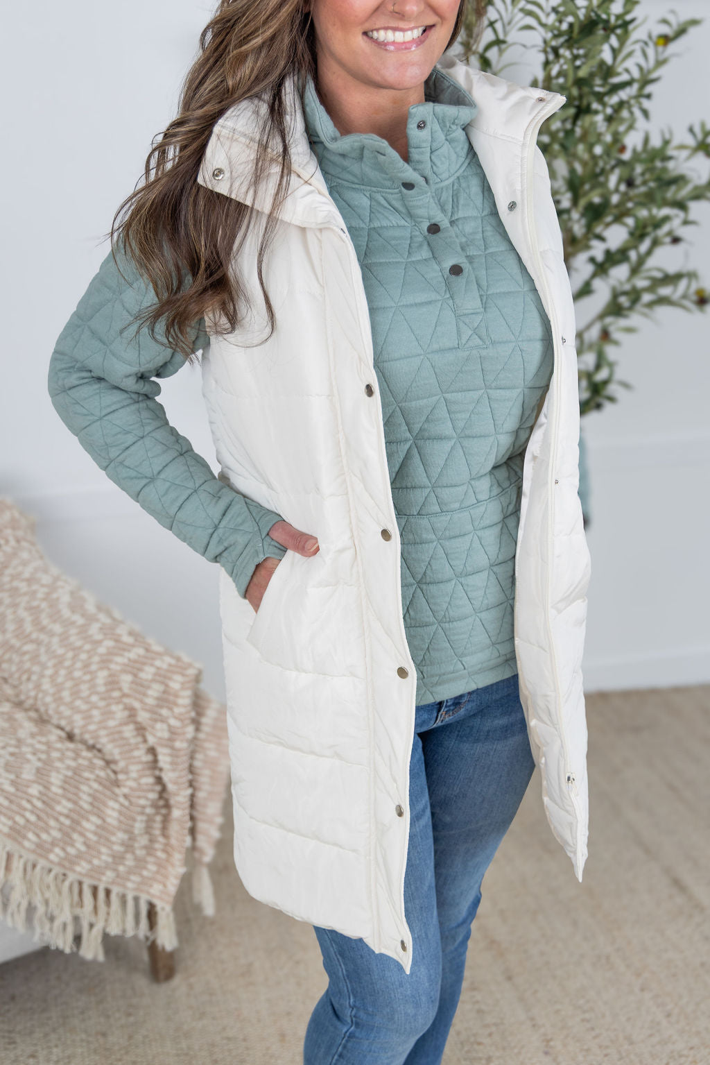 IN STOCK Harlow Long Vest - Cream