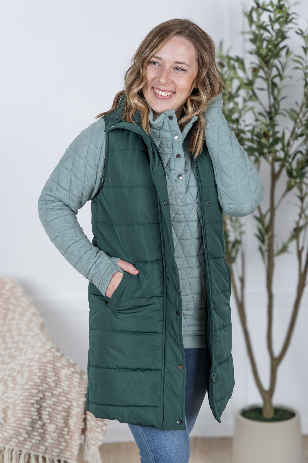 Harlow Long Vest - Hunter Green