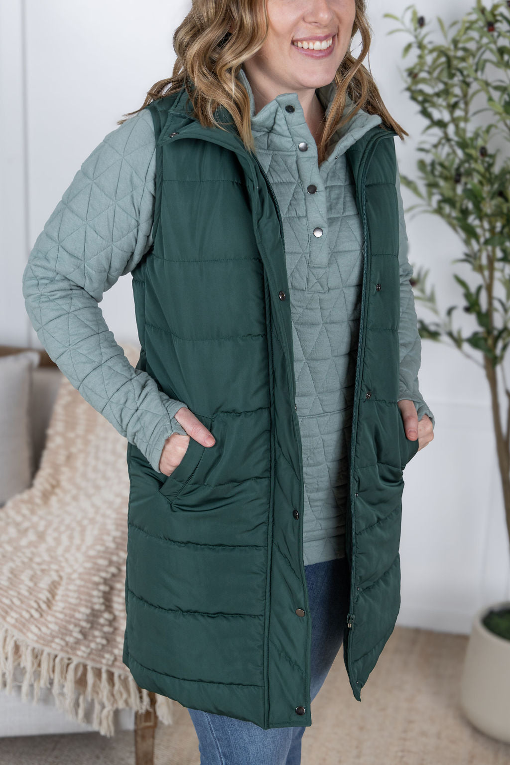 Harlow Long Vest - Hunter Green