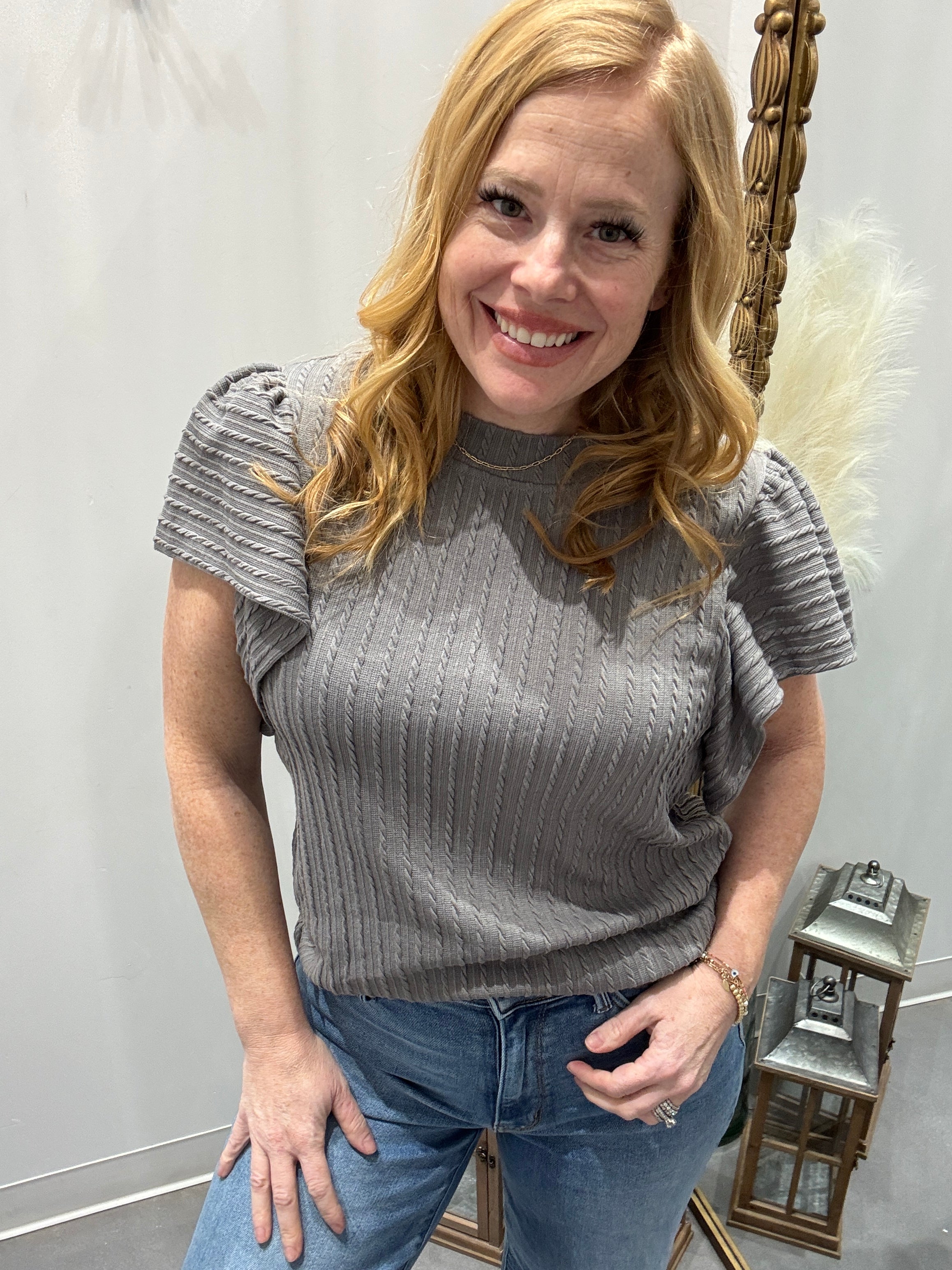 Shay Textured Round Neck Flounce Sleeve Blouse