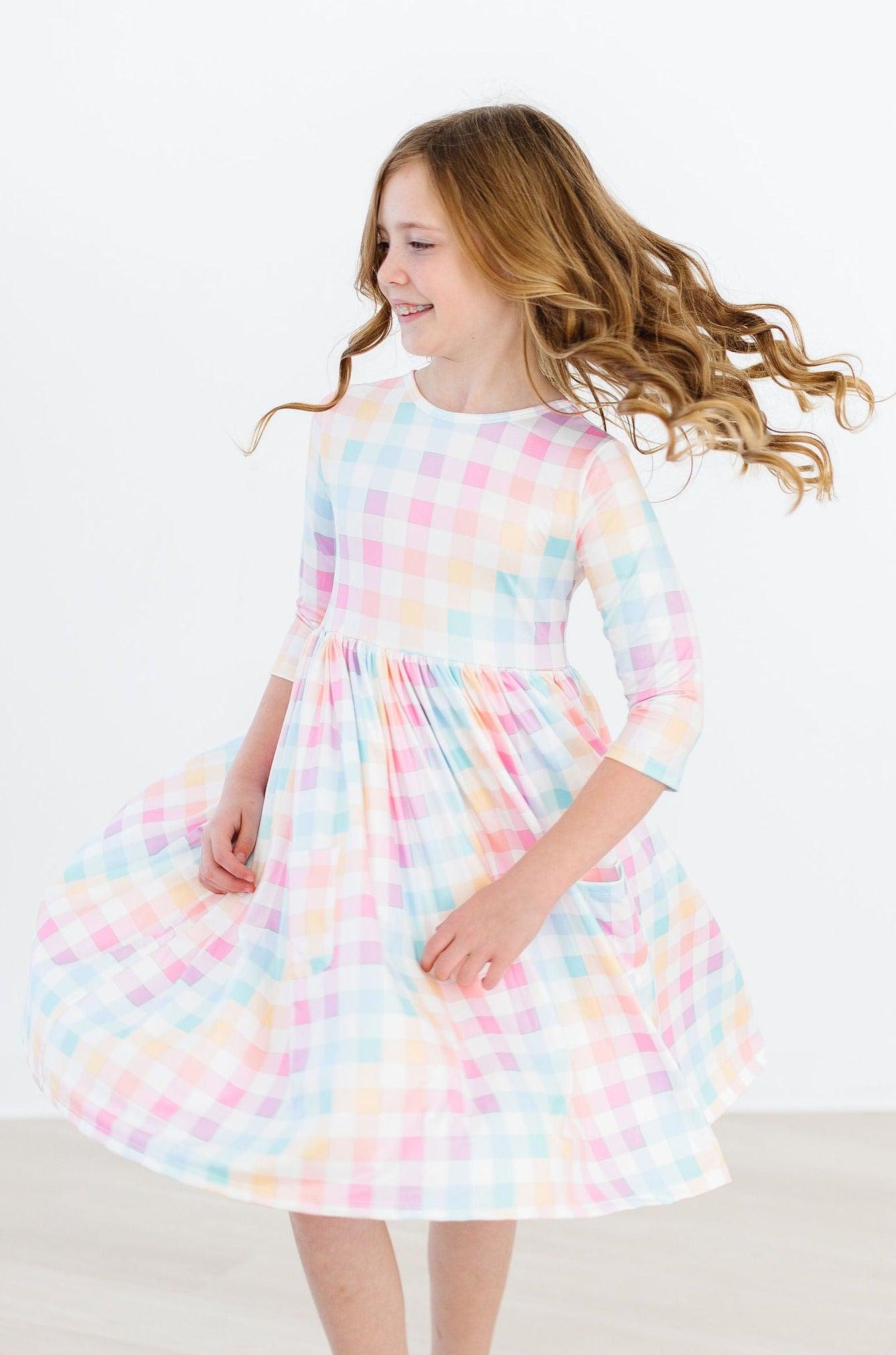 Pastel Plaid 3/4 Sleeve Pocket Twirl Dress