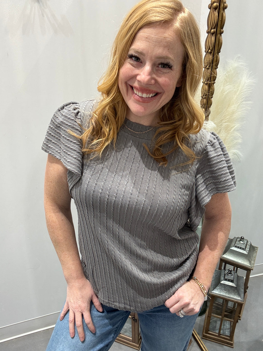 Shay Textured Round Neck Flounce Sleeve Blouse