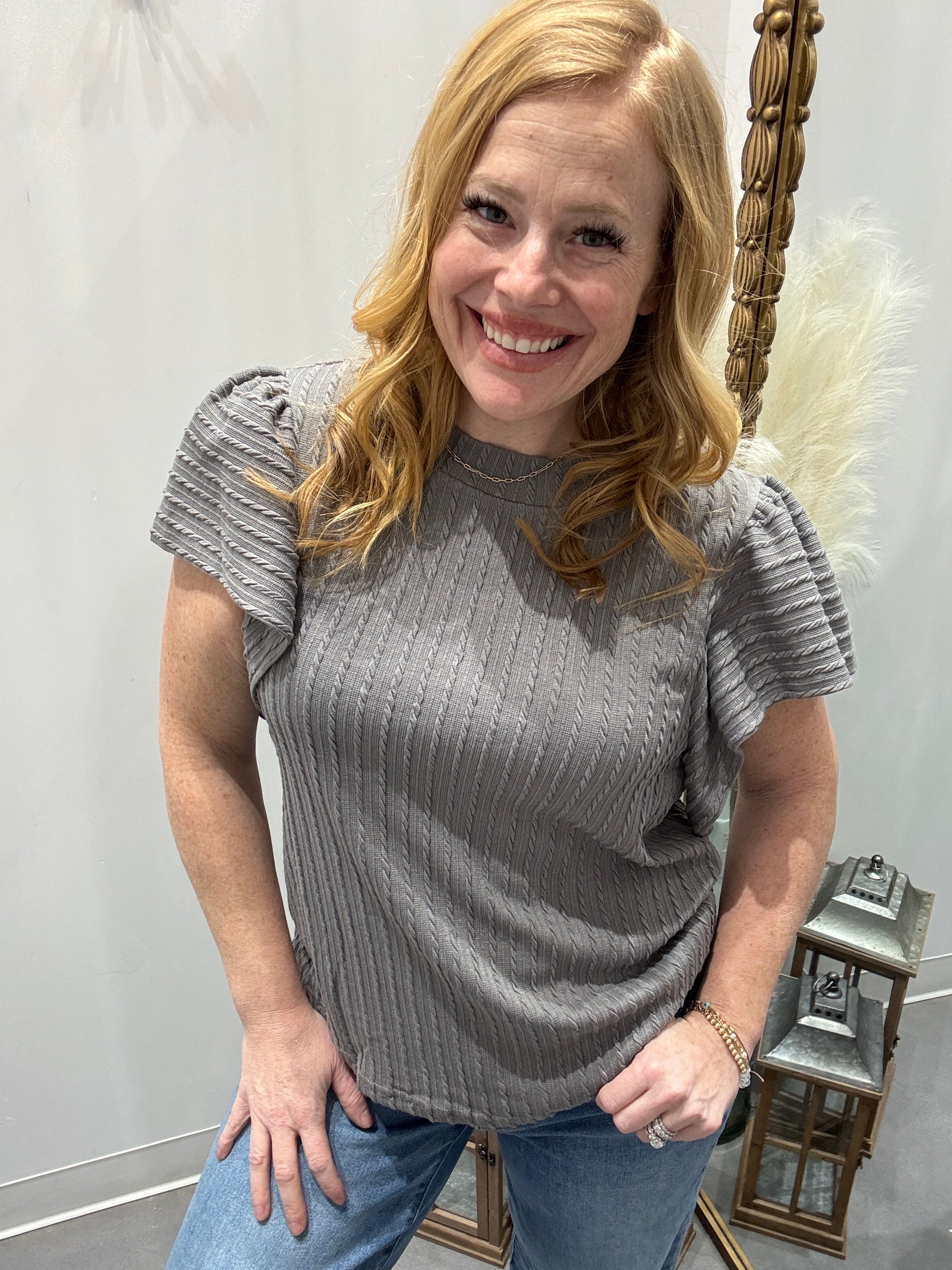 Shay Textured Round Neck Flounce Sleeve Blouse