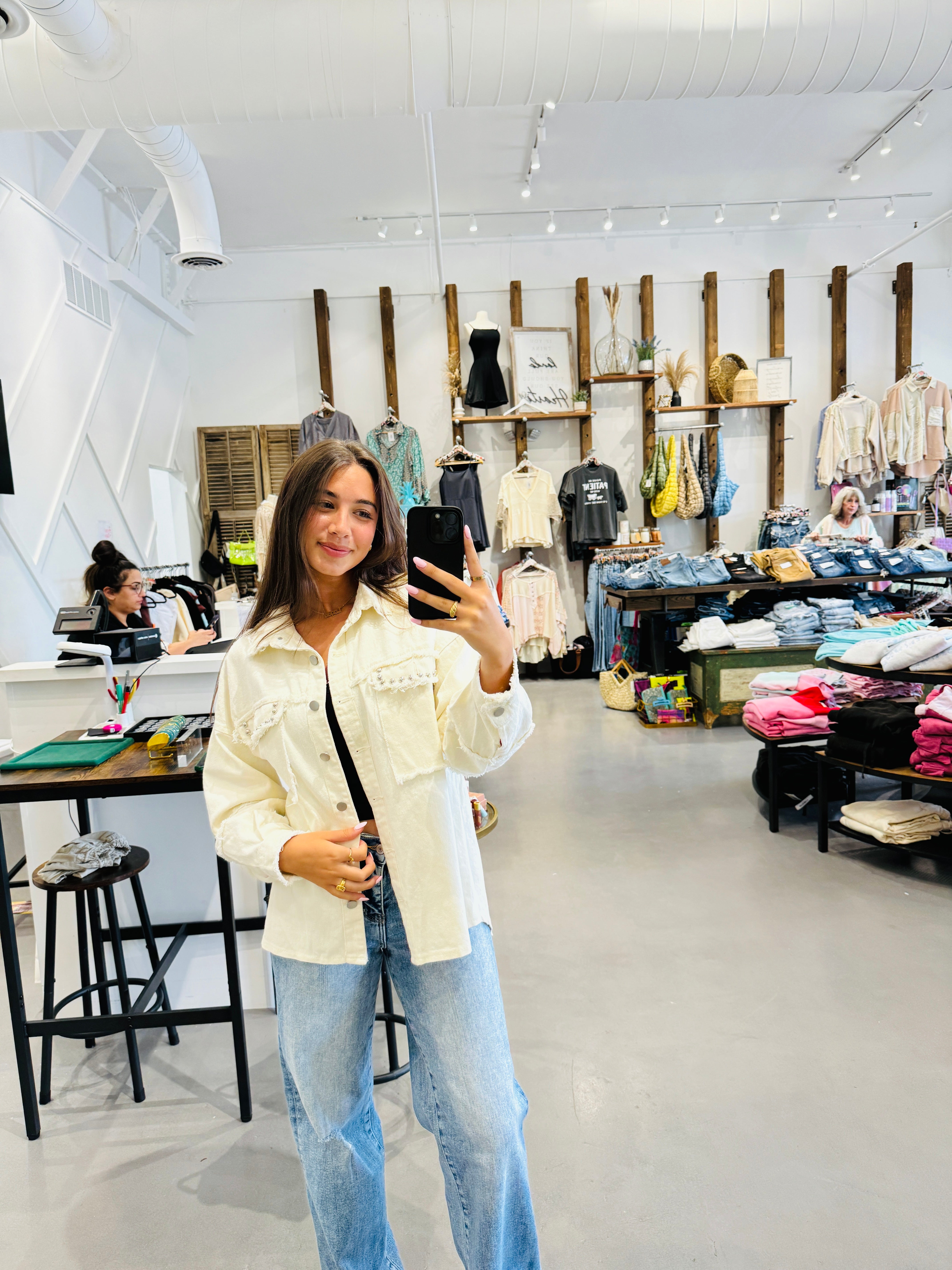 Button Down Raw Hem Denim Jacket