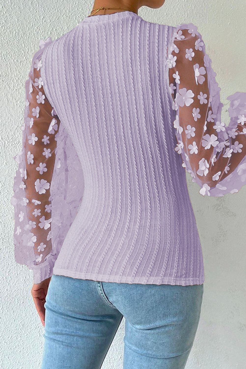 A Touch of Floral Textured Applique Long Sleeve Blouse