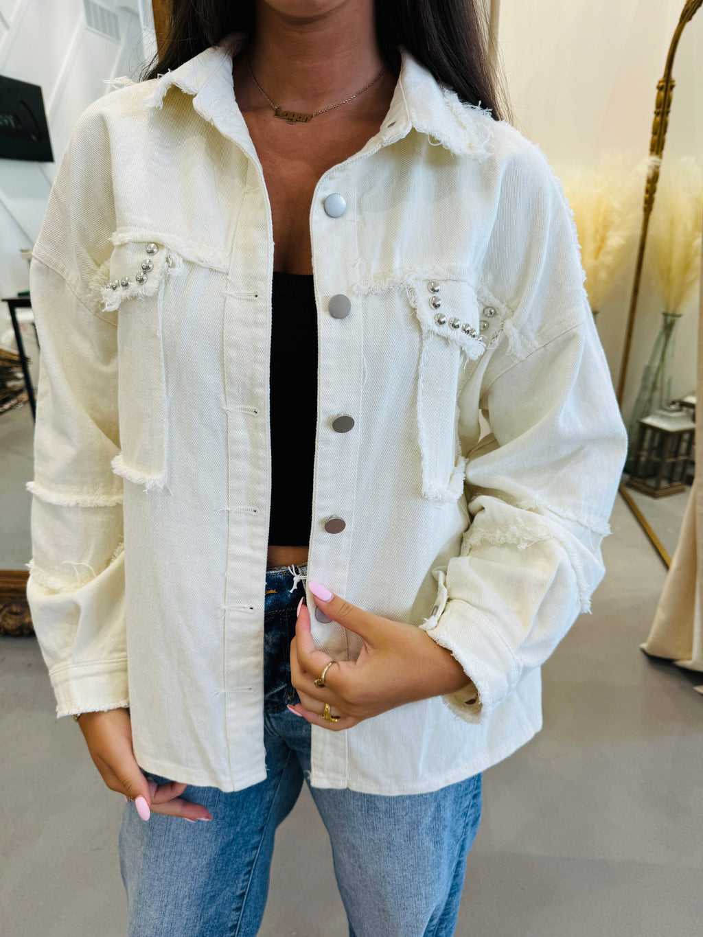 Button Down Raw Hem Denim Jacket