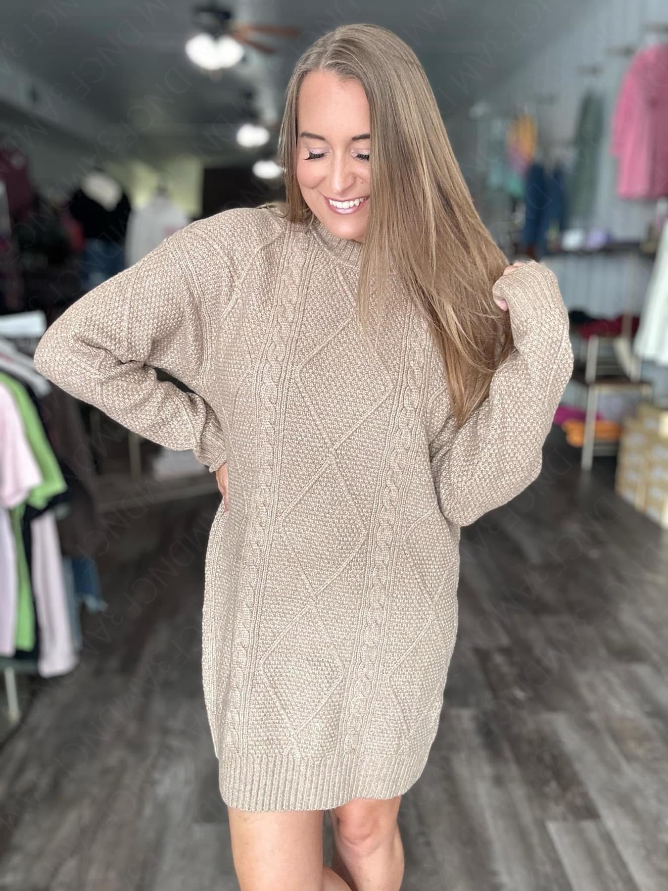 Cable-Knit Round Neck Sweater Dress