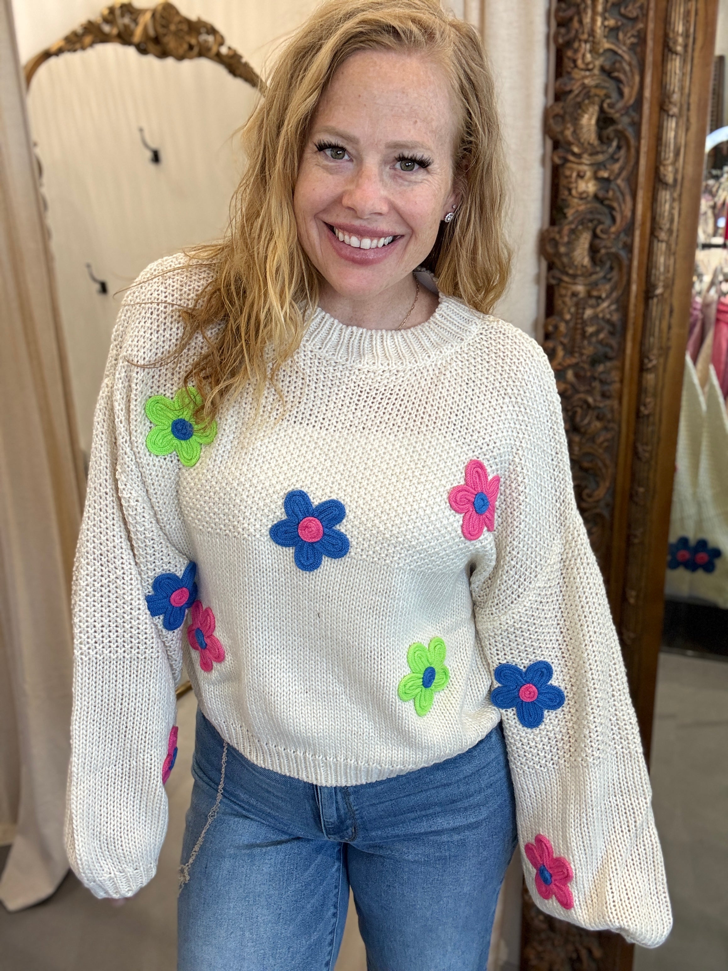 Davi & Dani Live Box - CHUNKY KNIT MULTI CROCHETED FLORAL SWEATER TOP