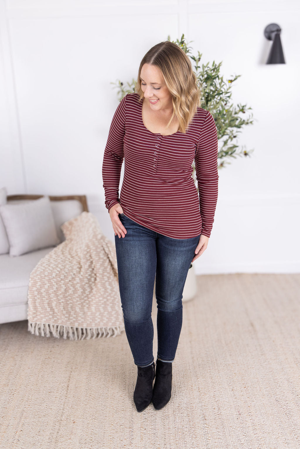 IN STOCK Striped Henley Long Sleeve - Burgundy