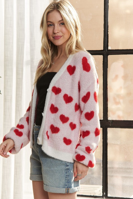 ADORA Fuzzy Heart Button Down Cardigan