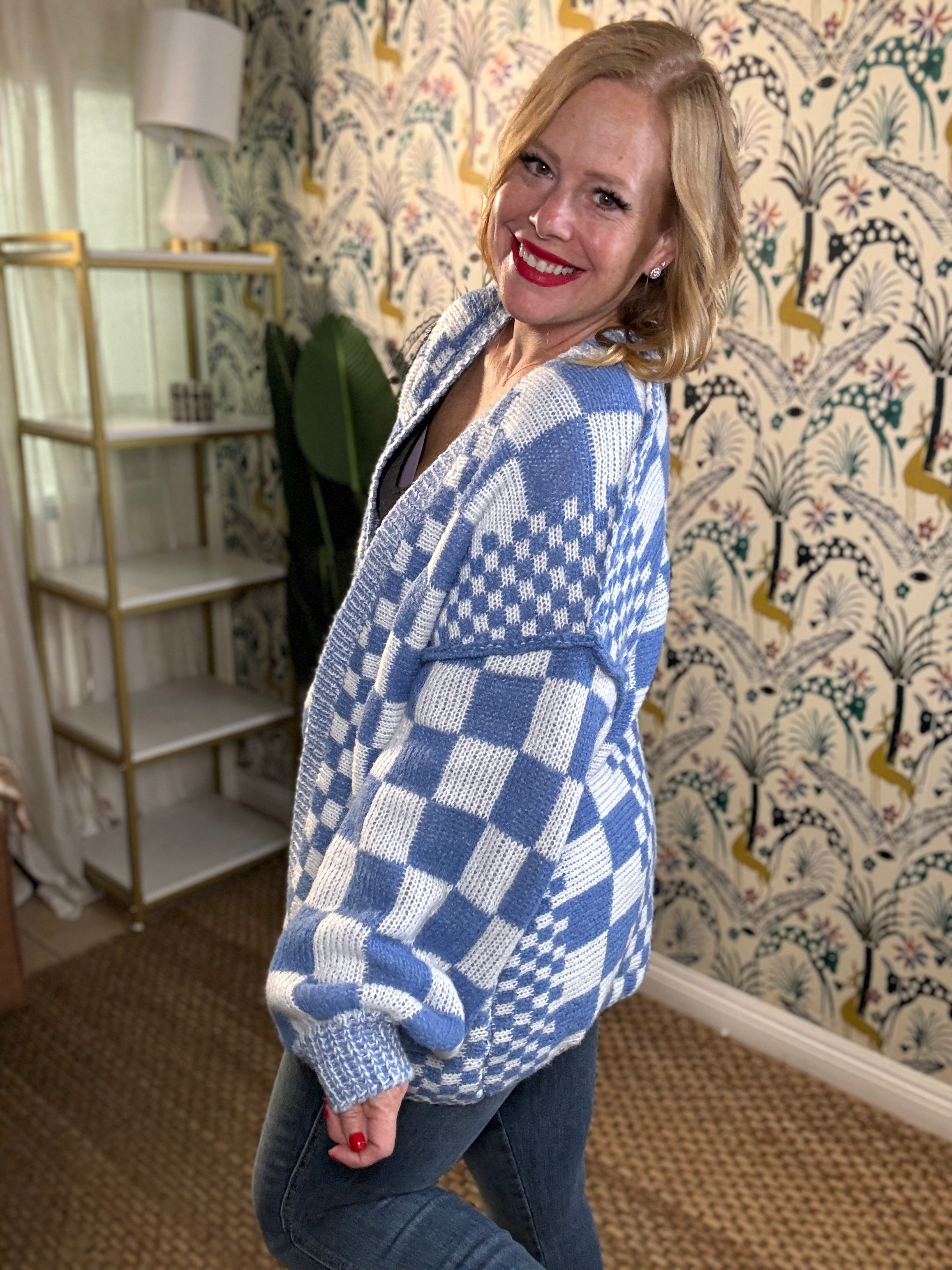 Double Take Full Size Open Front Checkered Drop Shoulder Cardigan