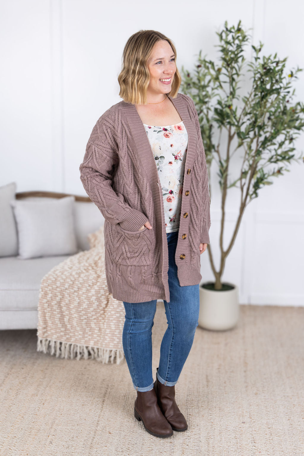 IN STOCK Brooks Button Sweater Cardigan - Light Mocha