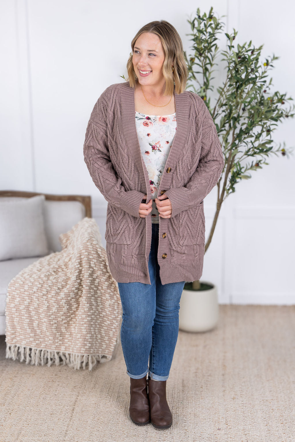 IN STOCK Brooks Button Sweater Cardigan - Light Mocha