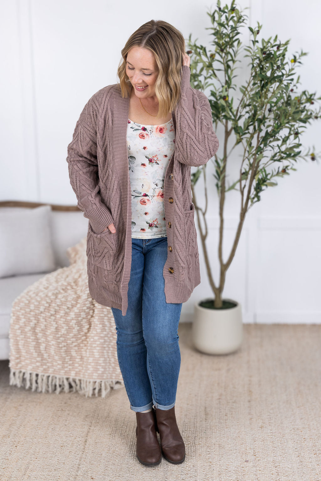 IN STOCK Brooks Button Sweater Cardigan - Light Mocha